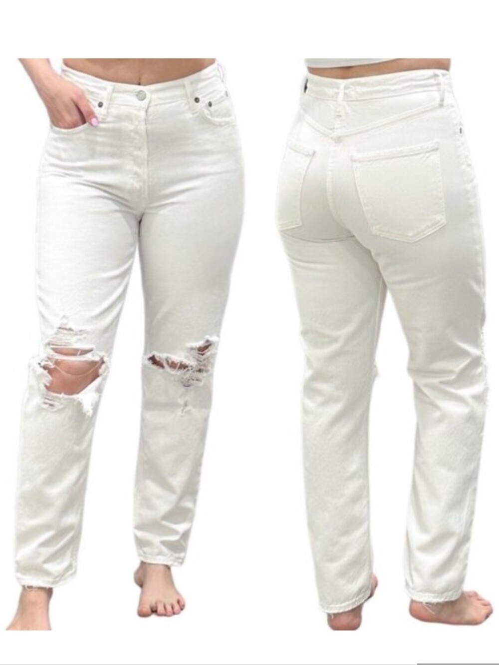 NWT Agolde White Distressed Fen High Rise Relax Taper Jeans, Size 29